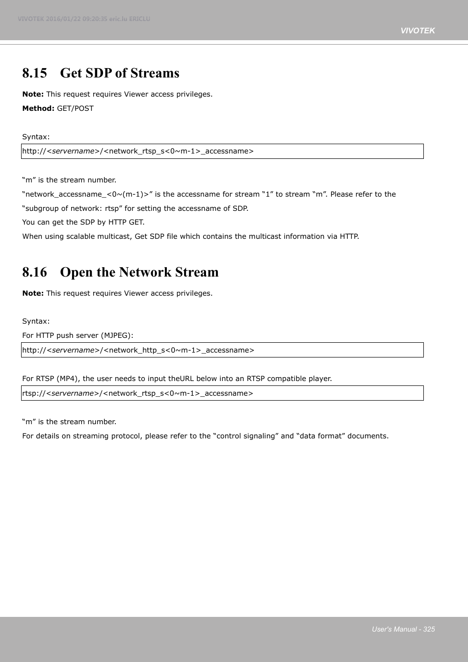 15 get sdp of streams, 16 open the network stream | Vivotek FE9380-HV 5MP Outdoor Network Fisheye Dome Camera with Night Vision User Manual | Page 325 / 352