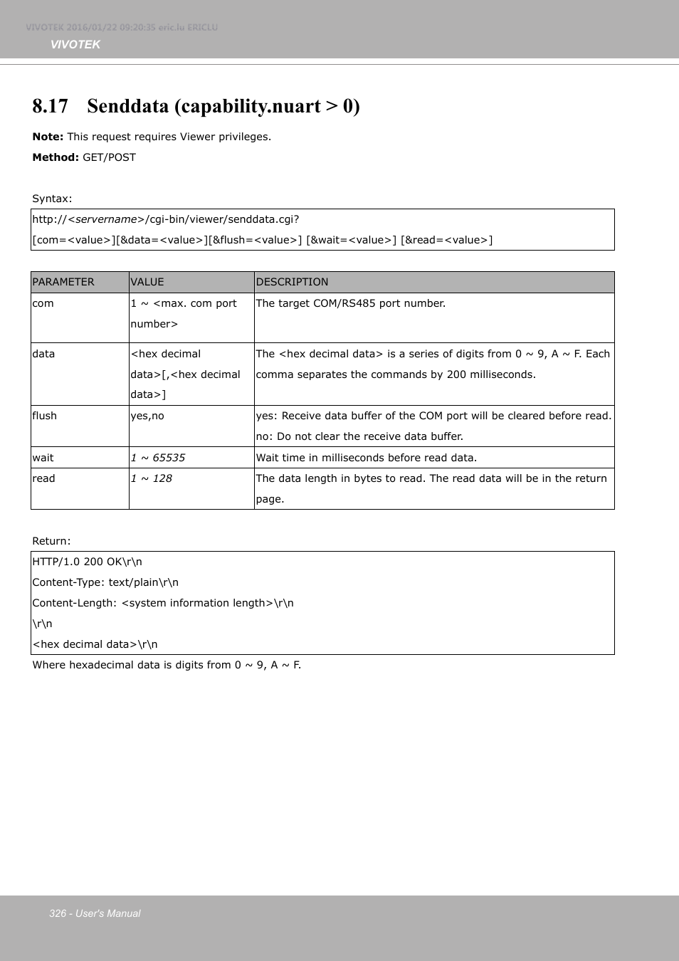 17 senddata (capability.nuart > 0) | Vivotek FE9380-HV 5MP Outdoor Network Fisheye Dome Camera with Night Vision User Manual | Page 326 / 352