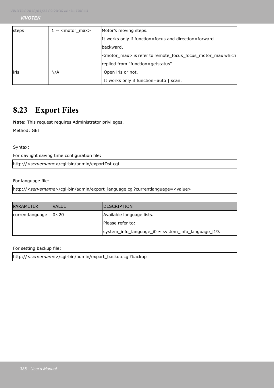 23 export files | Vivotek FE9380-HV 5MP Outdoor Network Fisheye Dome Camera with Night Vision User Manual | Page 338 / 352