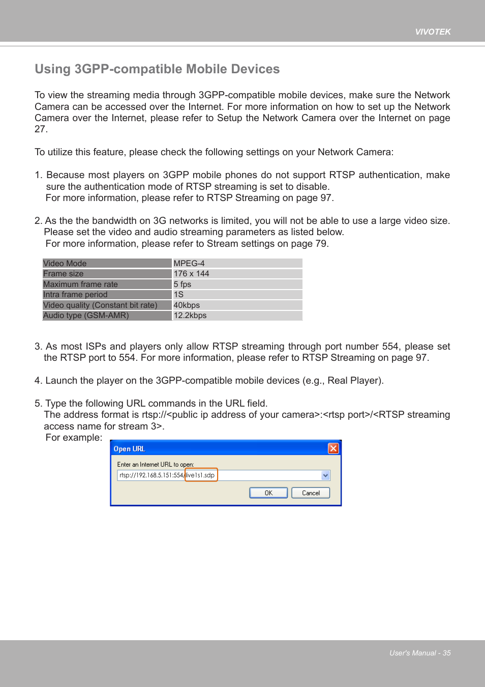 Using 3gpp-compatible mobile devices | Vivotek FE9380-HV 5MP Outdoor Network Fisheye Dome Camera with Night Vision User Manual | Page 35 / 352