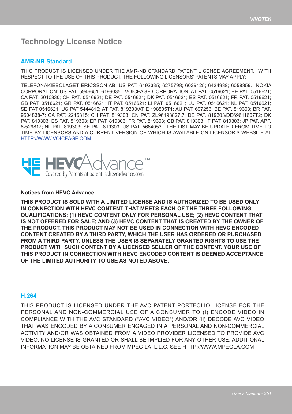 Technology license notice, H.264, Technology license notice h.264 | Vivotek FE9380-HV 5MP Outdoor Network Fisheye Dome Camera with Night Vision User Manual | Page 351 / 352