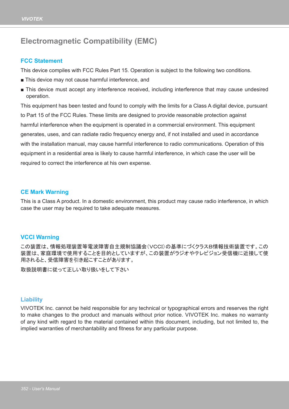 Electromagnetic compatibility (emc) | Vivotek FE9380-HV 5MP Outdoor Network Fisheye Dome Camera with Night Vision User Manual | Page 352 / 352