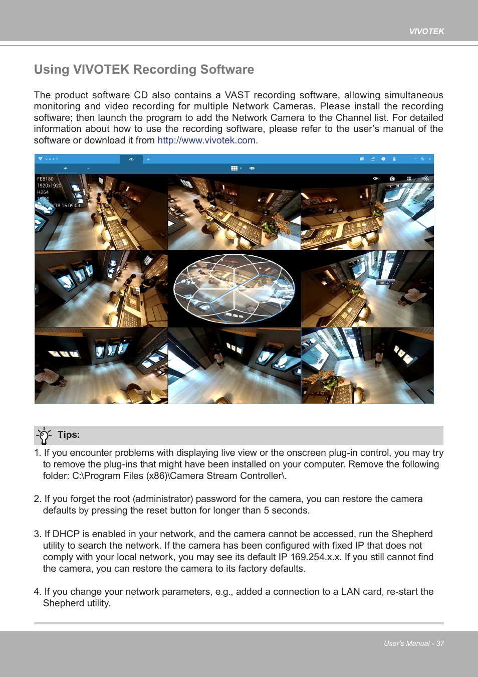 Using vivotek recording software | Vivotek FE9380-HV 5MP Outdoor Network Fisheye Dome Camera with Night Vision User Manual | Page 37 / 352