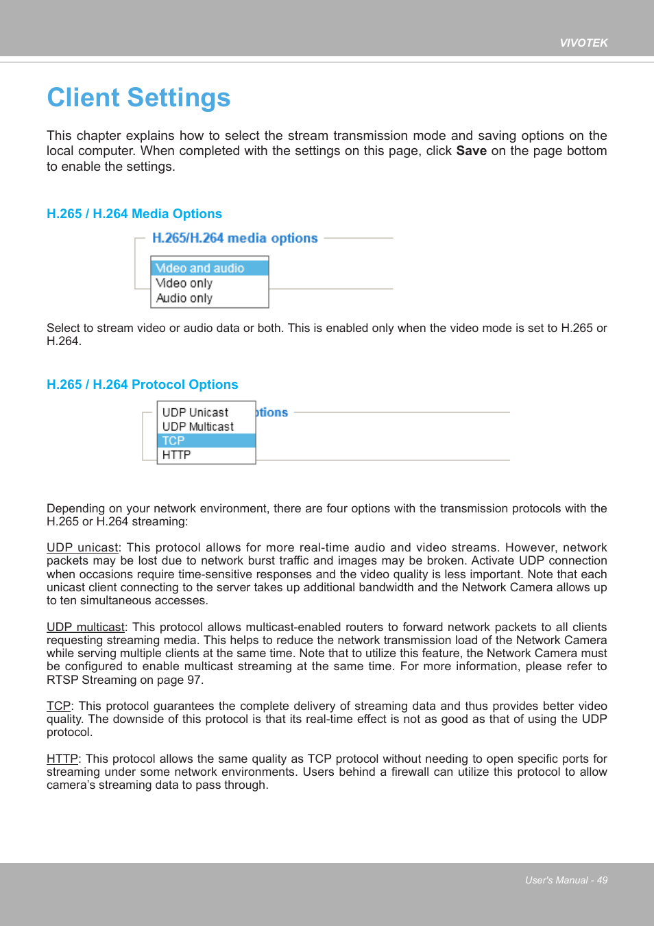 Client settings, H.265 / h.264 media options, H.265 / h.264 protocol options | Client settings 49, Please refer to | Vivotek FE9380-HV 5MP Outdoor Network Fisheye Dome Camera with Night Vision User Manual | Page 49 / 352