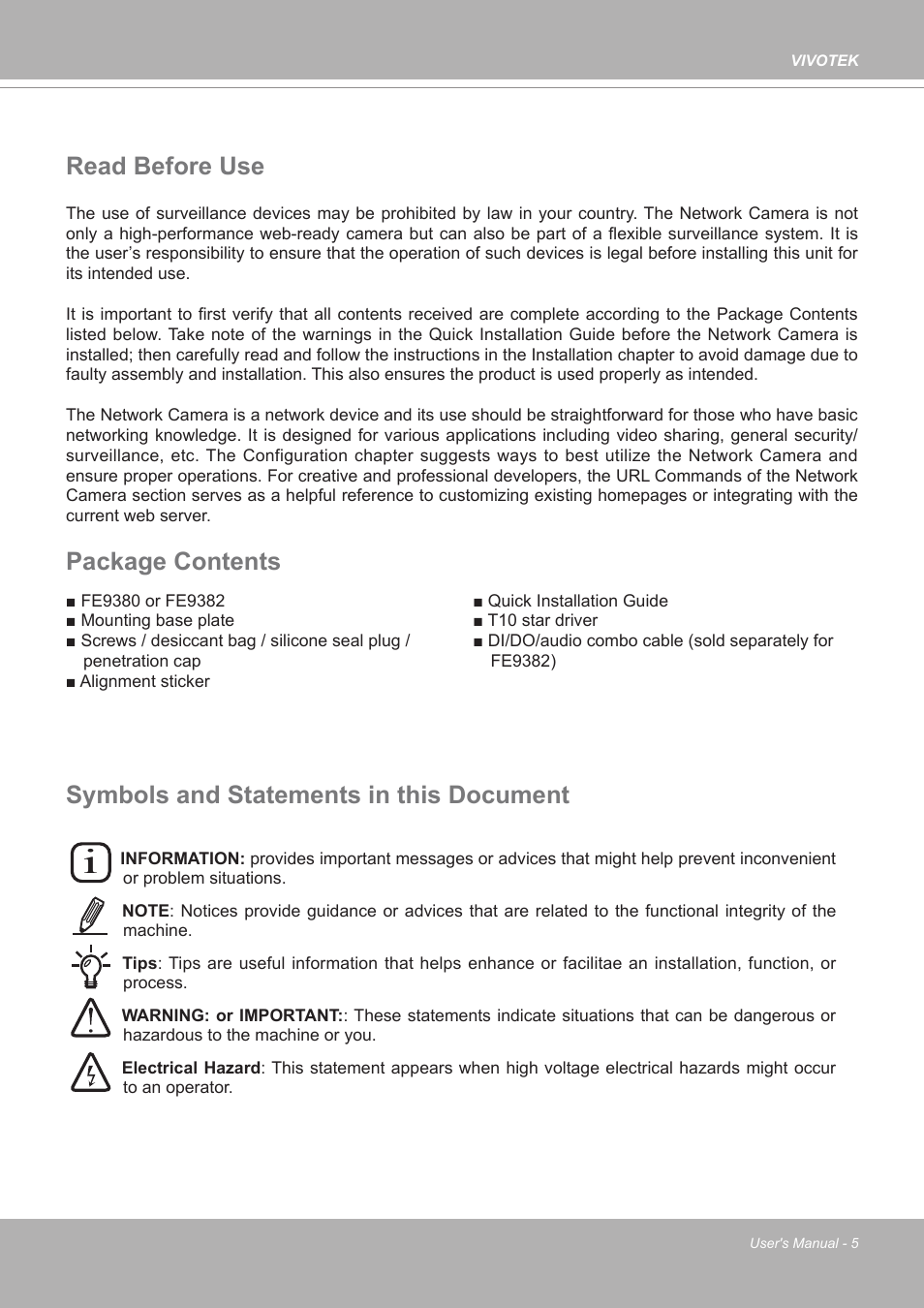 Read before use, Package contents, Symbols and statements in this document | Vivotek FE9380-HV 5MP Outdoor Network Fisheye Dome Camera with Night Vision User Manual | Page 5 / 352