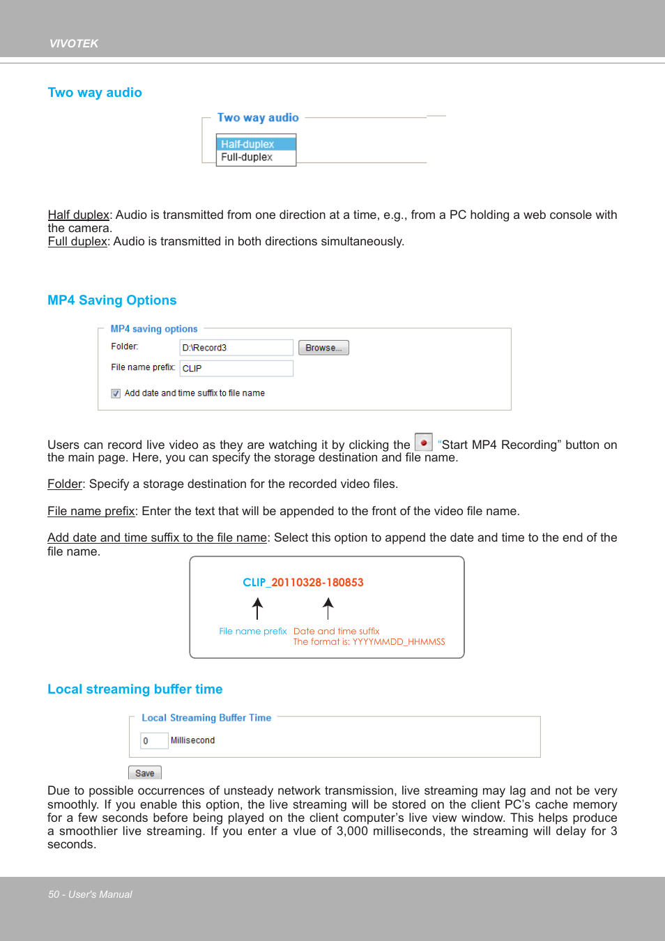 Mp4 saving options, Local streaming buffer time, Name | Please refer to mp4 saving | Vivotek FE9380-HV 5MP Outdoor Network Fisheye Dome Camera with Night Vision User Manual | Page 50 / 352