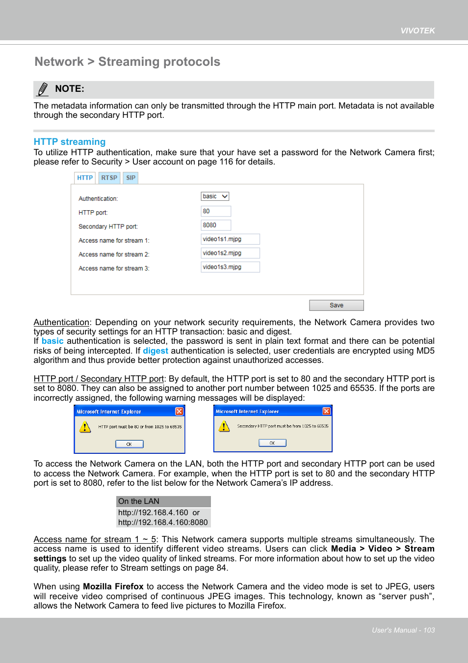 Network > streaming protocols | Vivotek SD9161-H-v2 2MP PTZ Network Dome Camera User Manual | Page 103 / 473