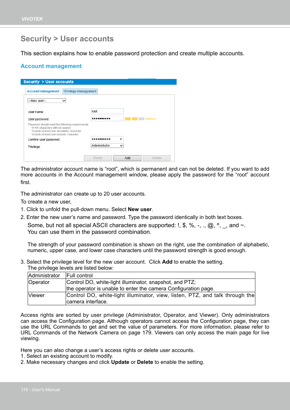 Security > user accounts | Vivotek SD9161-H-v2 2MP PTZ Network Dome Camera User Manual | Page 116 / 473