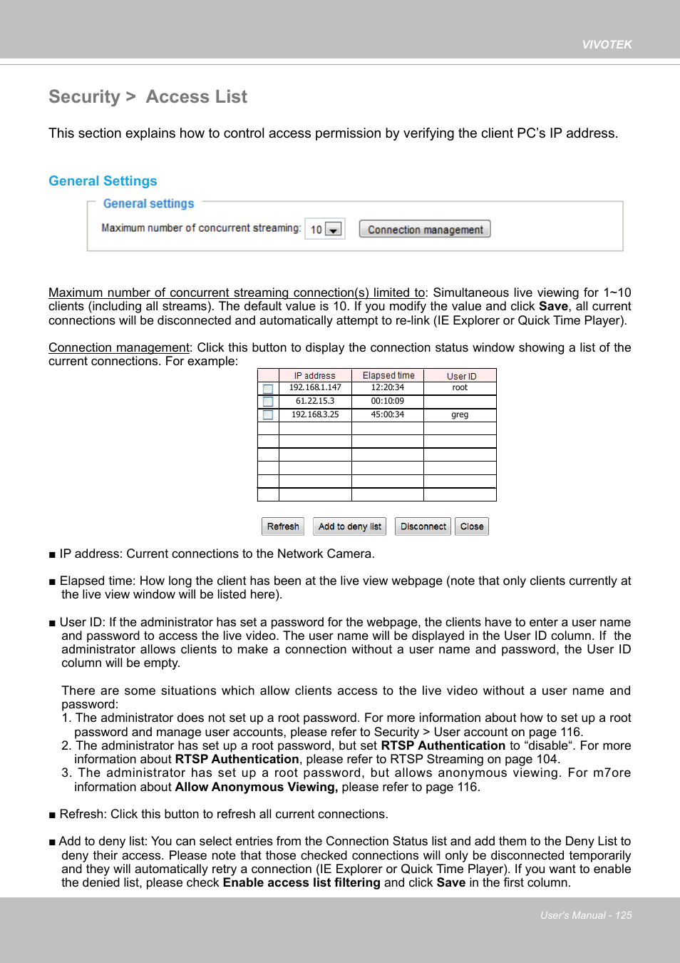 Security > access list | Vivotek SD9161-H-v2 2MP PTZ Network Dome Camera User Manual | Page 125 / 473