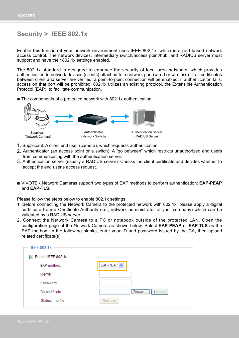 Security > ieee 802.1x | Vivotek SD9161-H-v2 2MP PTZ Network Dome Camera User Manual | Page 128 / 473