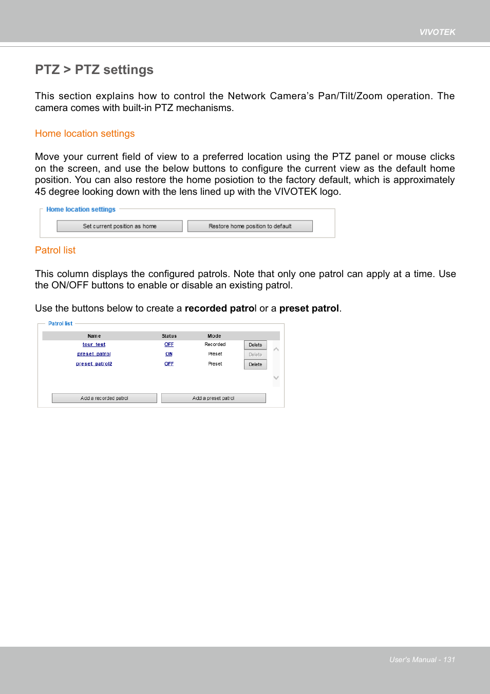 Ptz > ptz settings | Vivotek SD9161-H-v2 2MP PTZ Network Dome Camera User Manual | Page 131 / 473