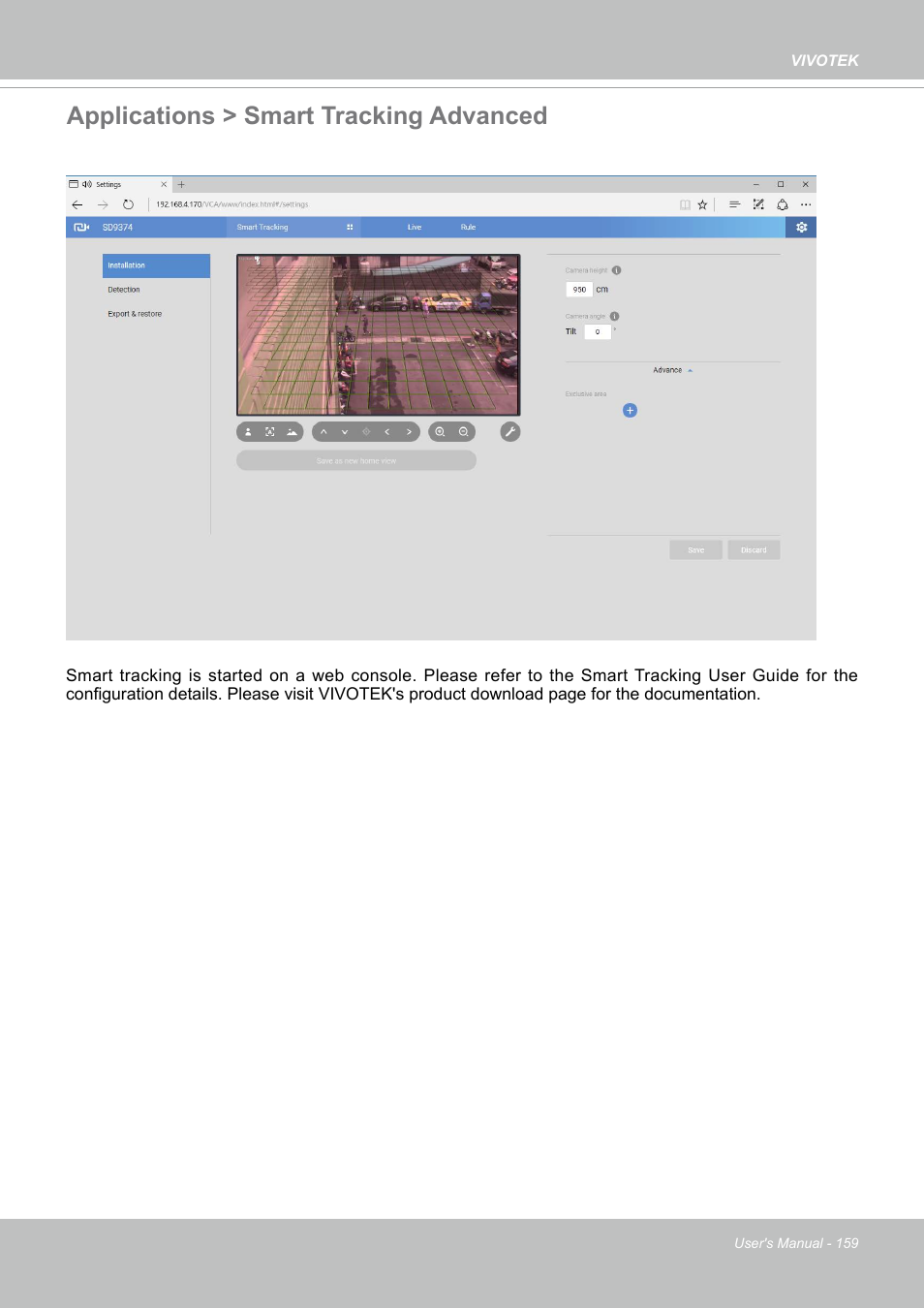 Applications > smart tracking advanced | Vivotek SD9161-H-v2 2MP PTZ Network Dome Camera User Manual | Page 159 / 473