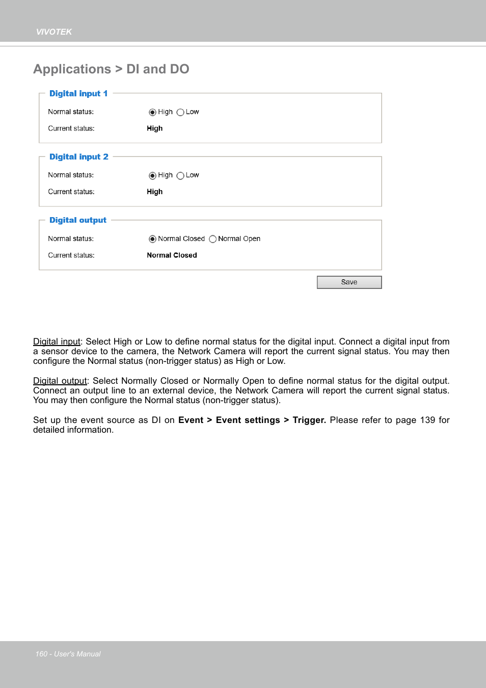 Applications > di and do, Applications, Audio detection | For more details | Vivotek SD9161-H-v2 2MP PTZ Network Dome Camera User Manual | Page 160 / 473