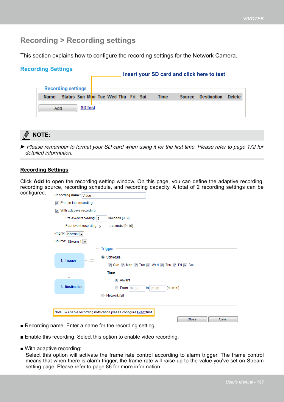 Recording > recording settings | Vivotek SD9161-H-v2 2MP PTZ Network Dome Camera User Manual | Page 167 / 473