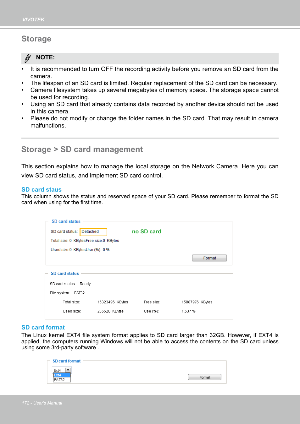 Storage, Storage > sd card management, Storage storage > sd card management | For detailed information, Detailed information | Vivotek SD9161-H-v2 2MP PTZ Network Dome Camera User Manual | Page 172 / 473