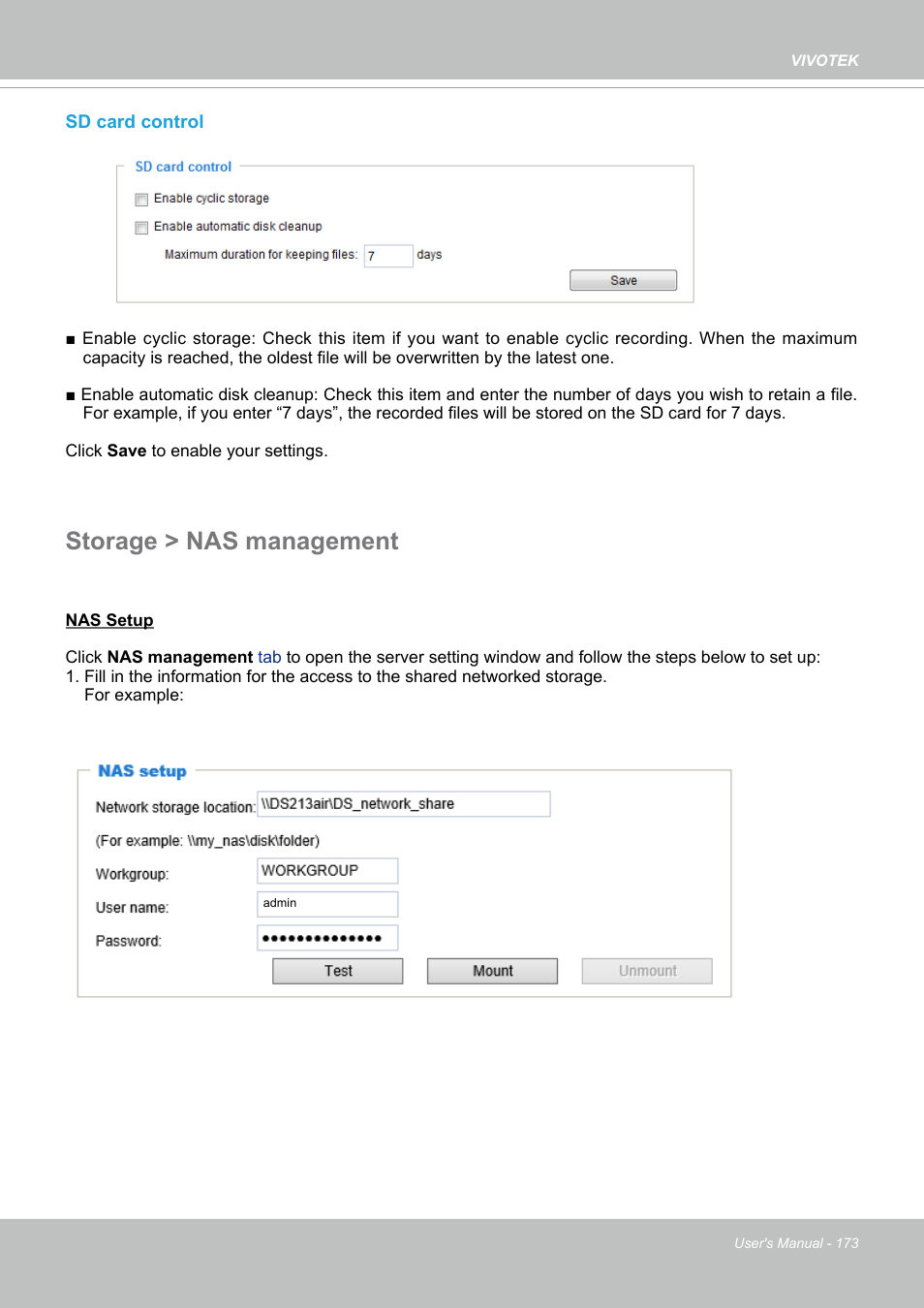 Storage > nas management | Vivotek SD9161-H-v2 2MP PTZ Network Dome Camera User Manual | Page 173 / 473