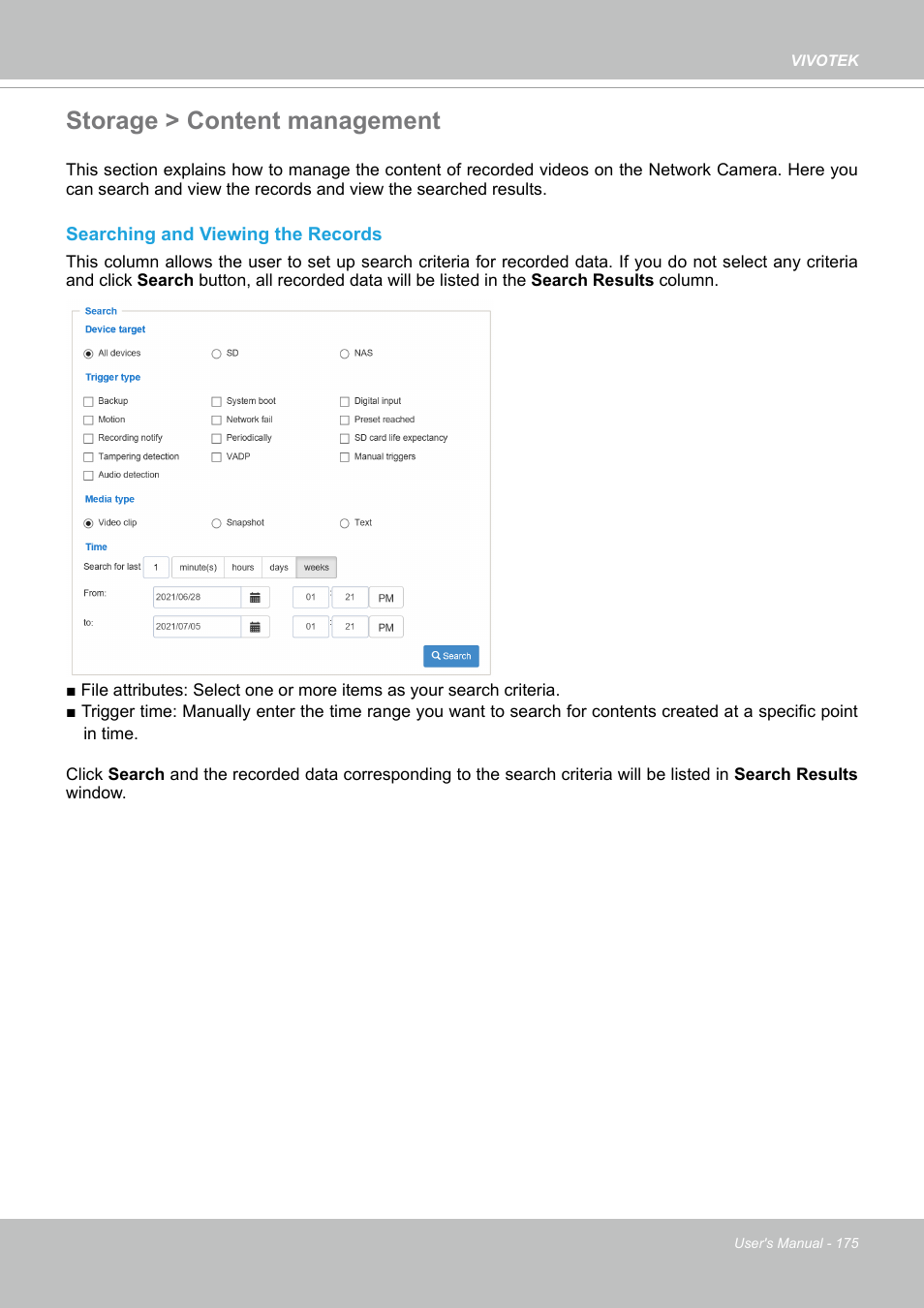 Storage > content management | Vivotek SD9161-H-v2 2MP PTZ Network Dome Camera User Manual | Page 175 / 473