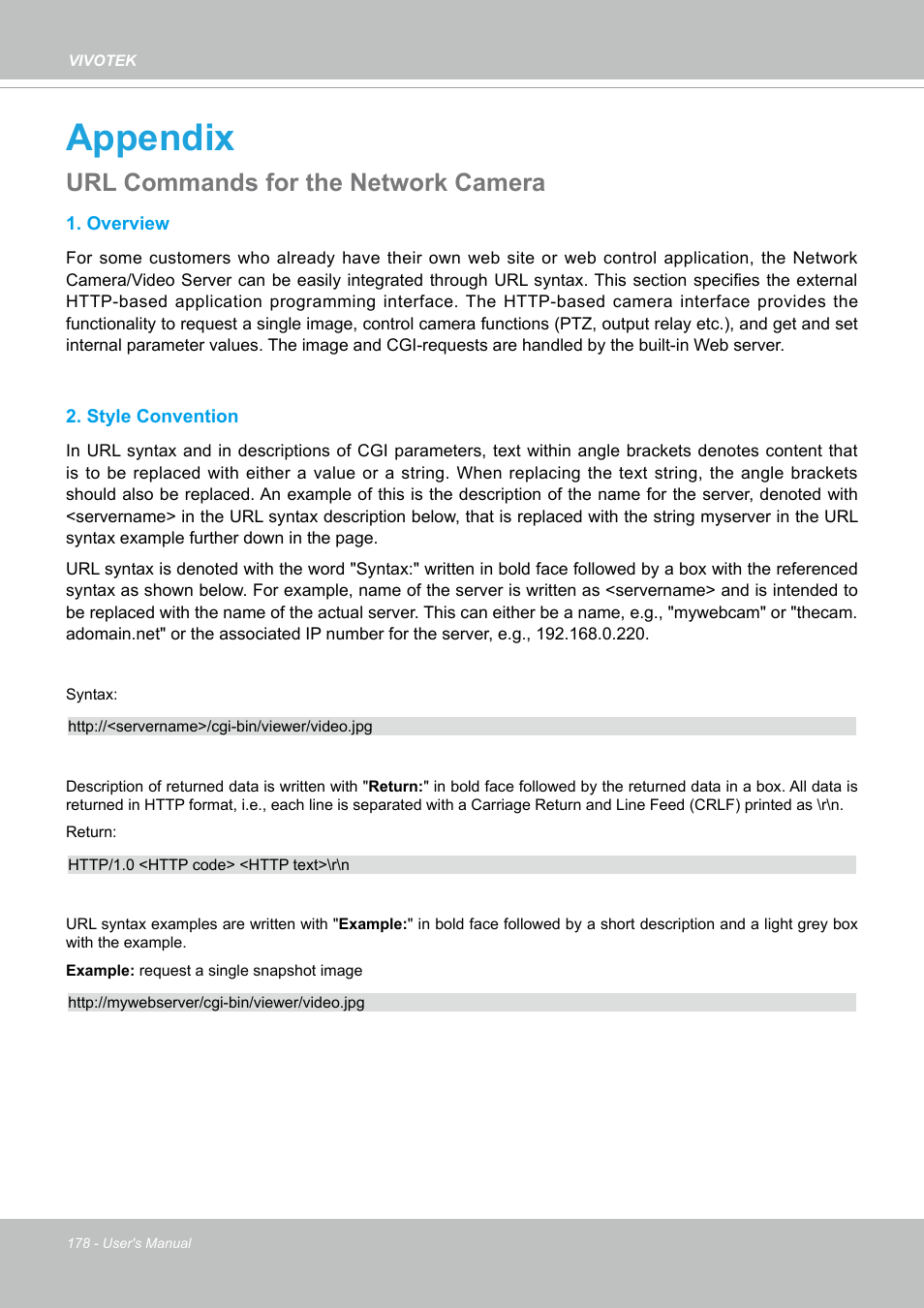 Appendix, Url commands for the network camera, Appendix 178 | Vivotek SD9161-H-v2 2MP PTZ Network Dome Camera User Manual | Page 178 / 473