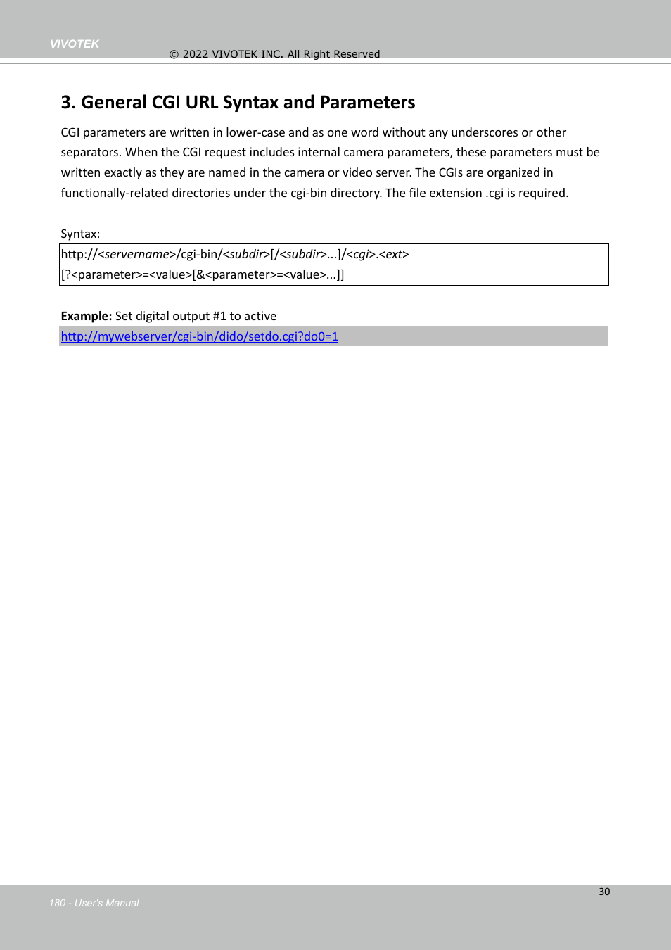 General cgi url syntax and parameters | Vivotek SD9161-H-v2 2MP PTZ Network Dome Camera User Manual | Page 180 / 473