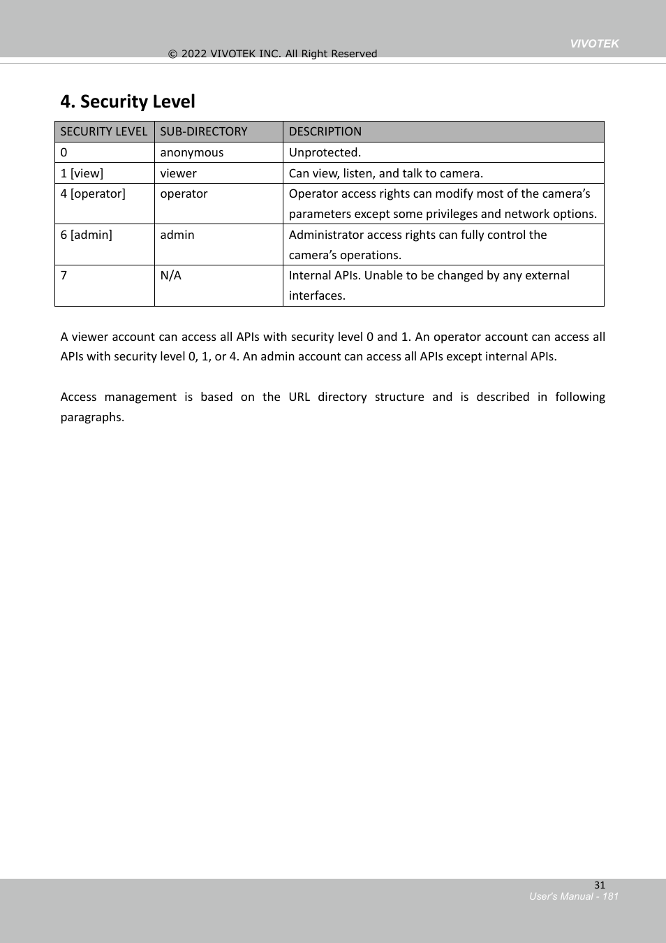 General cgi url syntax and parameters, Security level | Vivotek SD9161-H-v2 2MP PTZ Network Dome Camera User Manual | Page 181 / 473