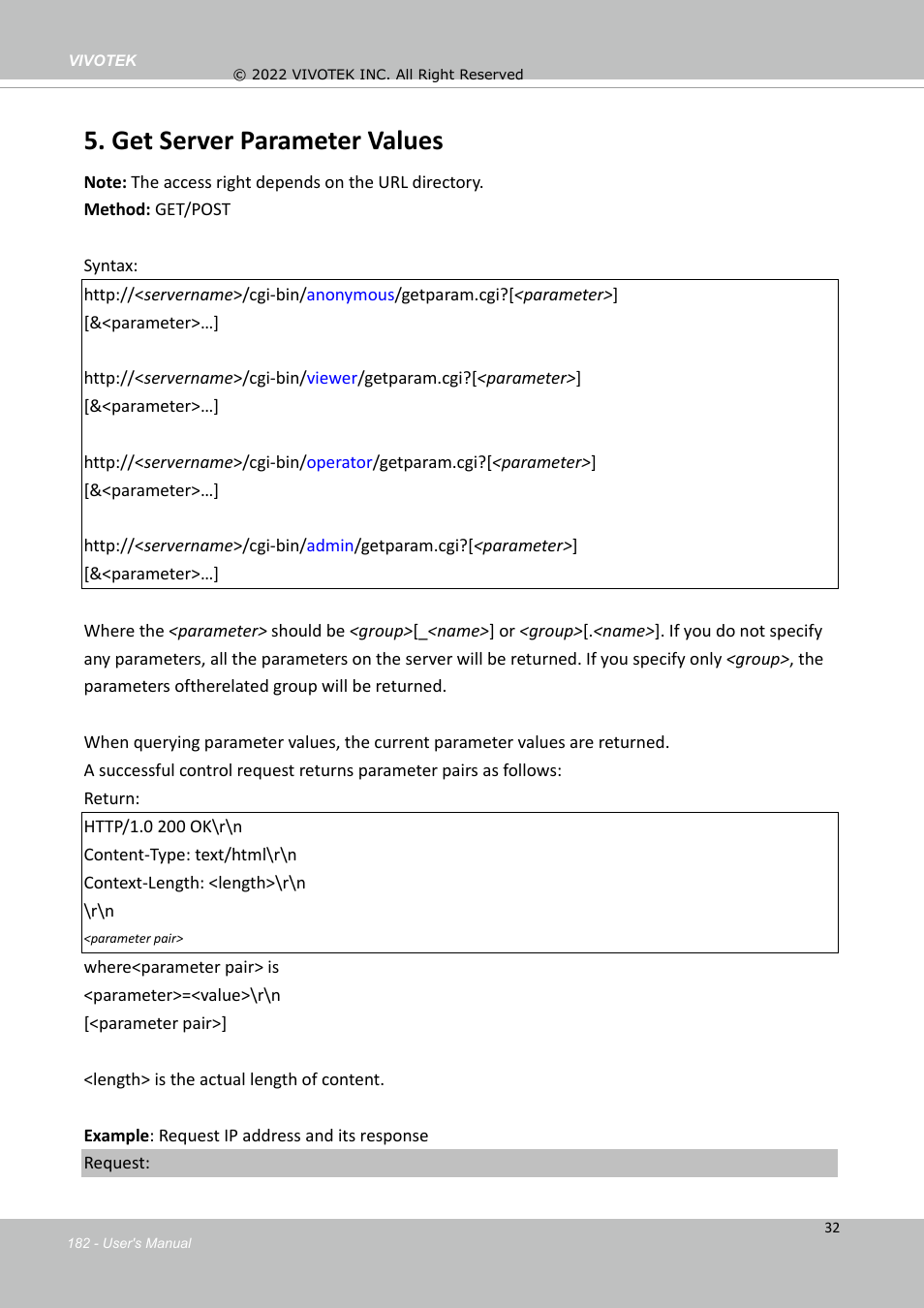 Get server parameter values | Vivotek SD9161-H-v2 2MP PTZ Network Dome Camera User Manual | Page 182 / 473