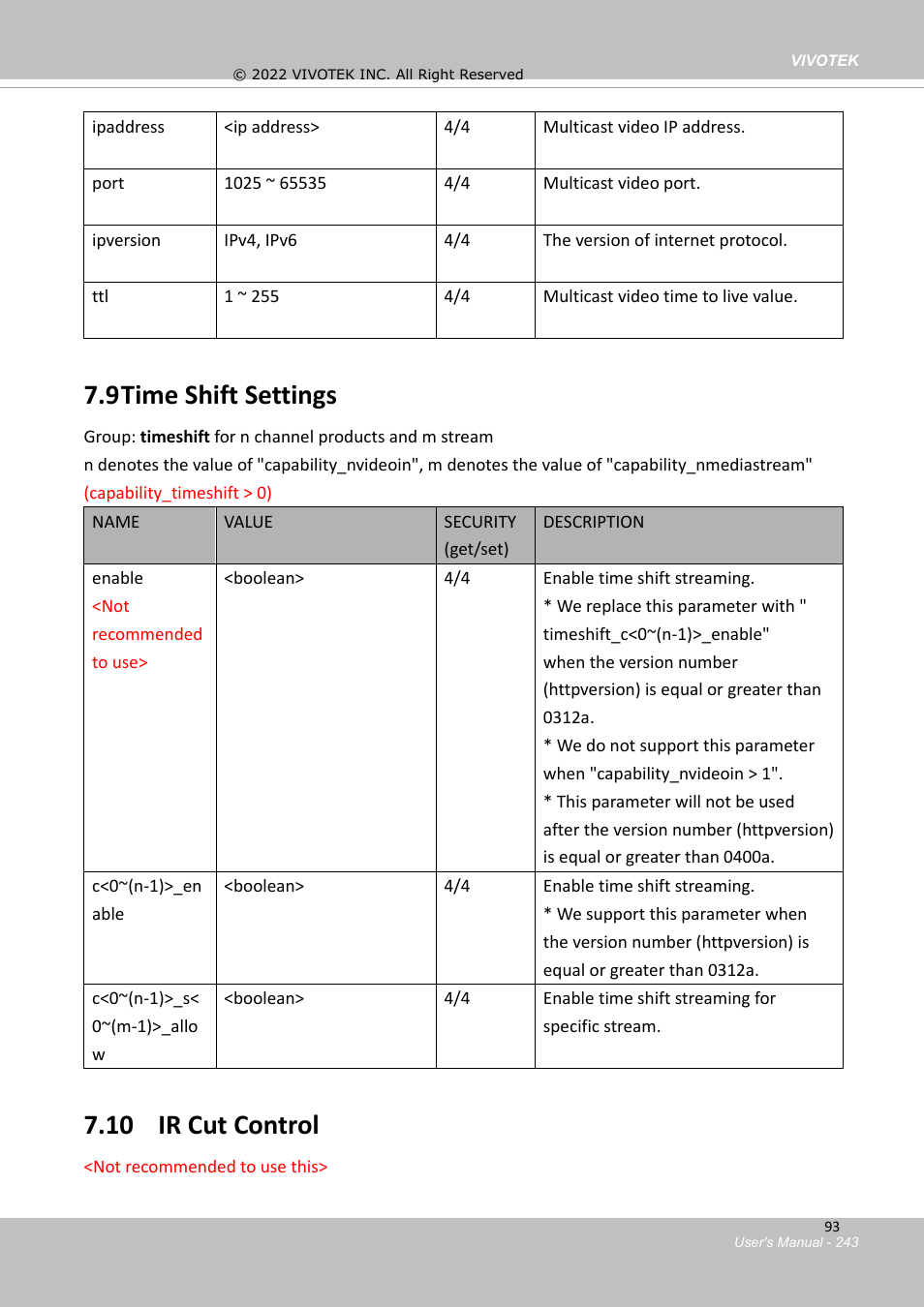 9 time shift settings, 10 ir cut control, 2 multicast settings for video streaming | Vivotek SD9161-H-v2 2MP PTZ Network Dome Camera User Manual | Page 243 / 473