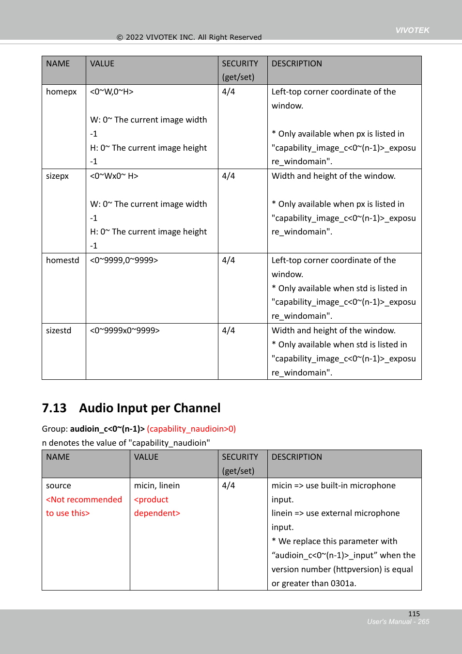 13 audio input per channel | Vivotek SD9161-H-v2 2MP PTZ Network Dome Camera User Manual | Page 265 / 473