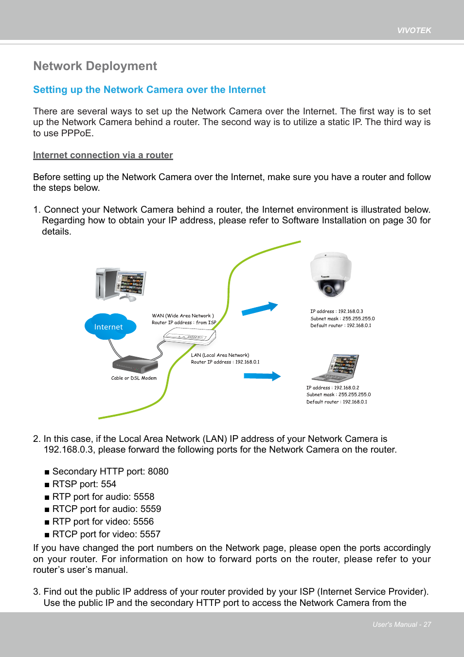 Network deployment, Setting up the network camera over the internet | Vivotek SD9161-H-v2 2MP PTZ Network Dome Camera User Manual | Page 27 / 473