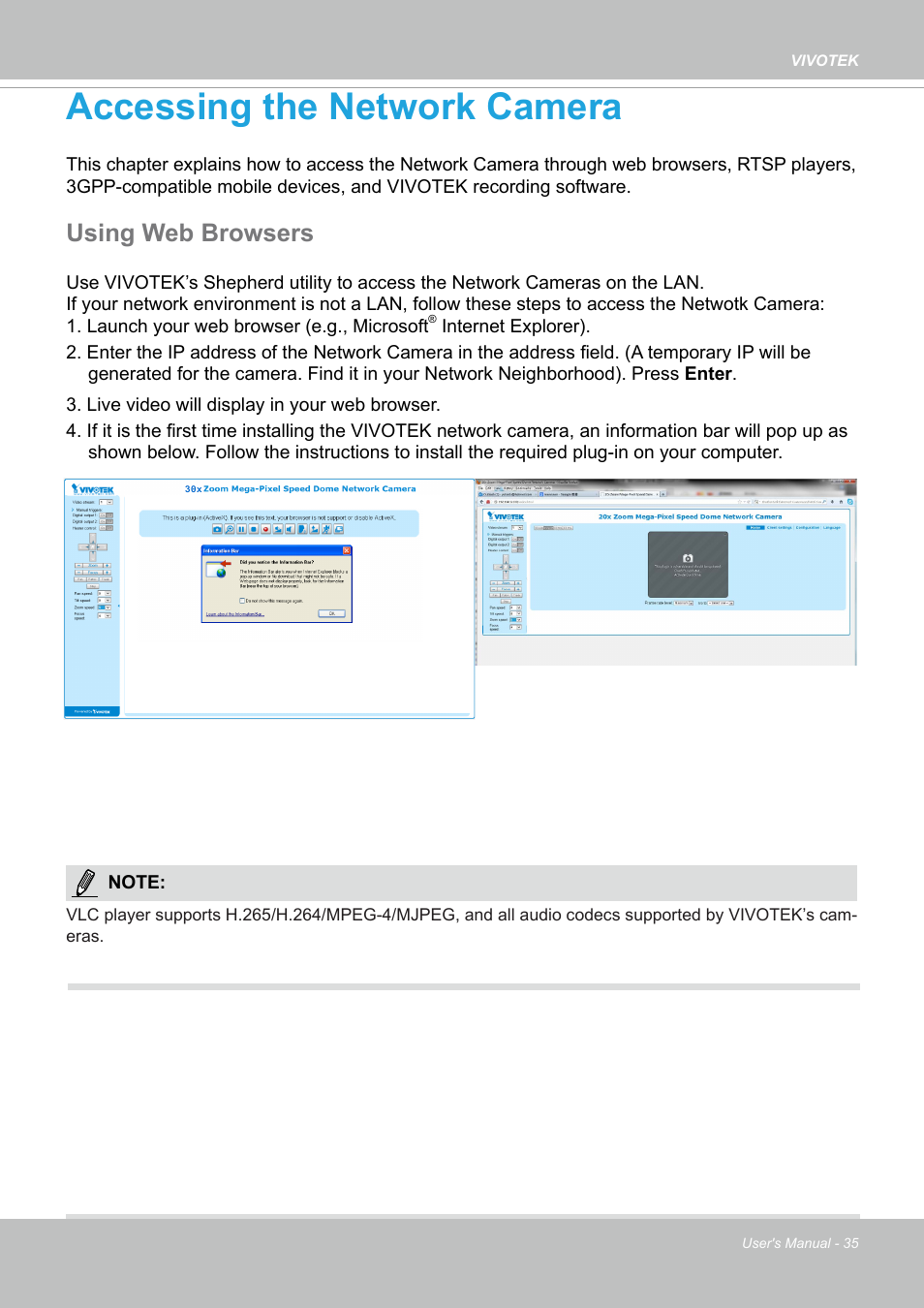 Accessing the network camera, Using web browsers, Accessing the network camera 35 | Vivotek SD9161-H-v2 2MP PTZ Network Dome Camera User Manual | Page 35 / 473