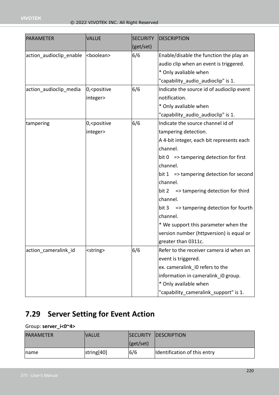 29 server setting for event action | Vivotek SD9161-H-v2 2MP PTZ Network Dome Camera User Manual | Page 370 / 473