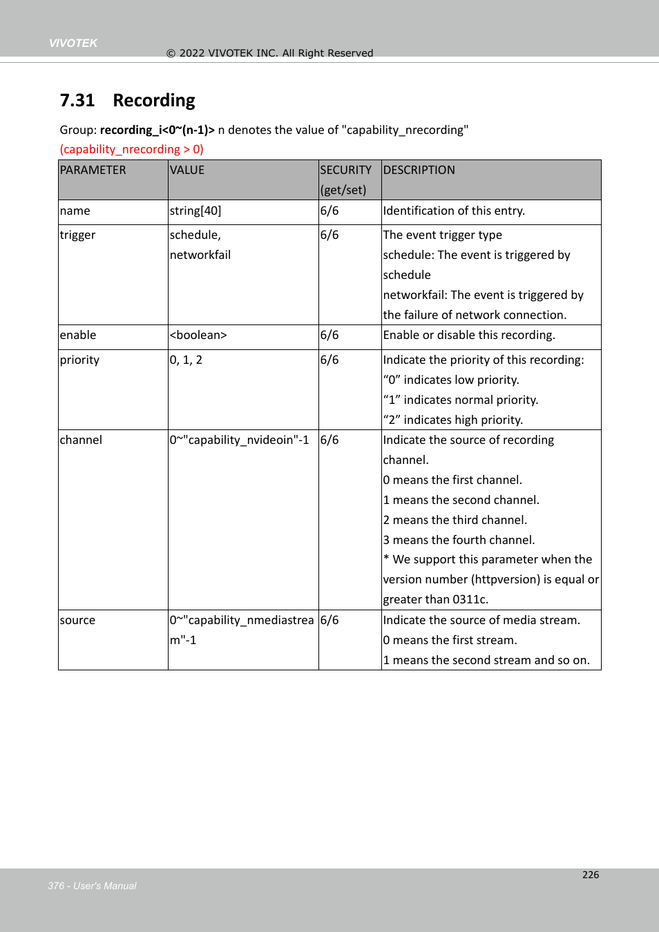 31 recording | Vivotek SD9161-H-v2 2MP PTZ Network Dome Camera User Manual | Page 376 / 473