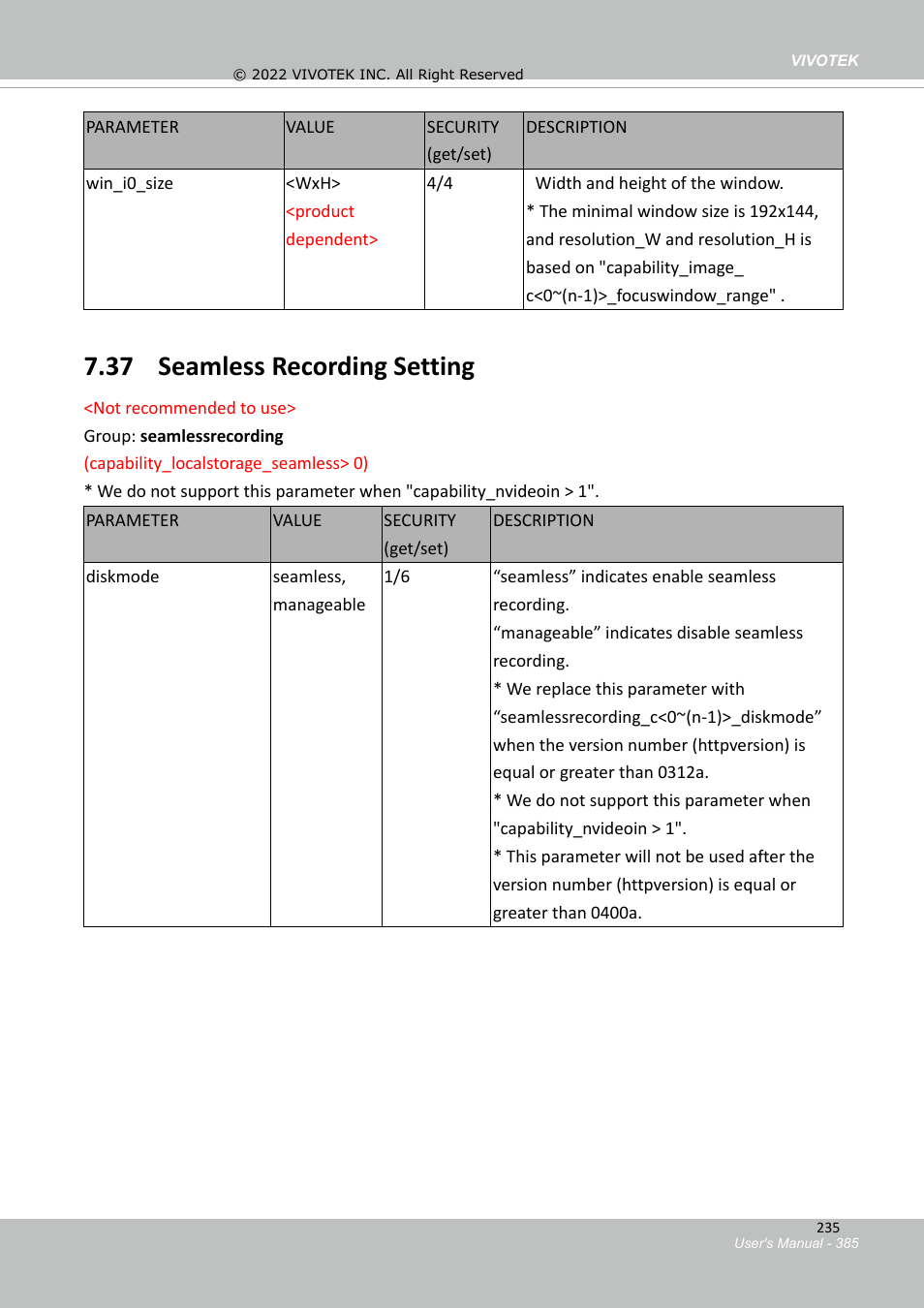 36 focus window setting, 37 seamless recording setting | Vivotek SD9161-H-v2 2MP PTZ Network Dome Camera User Manual | Page 385 / 473