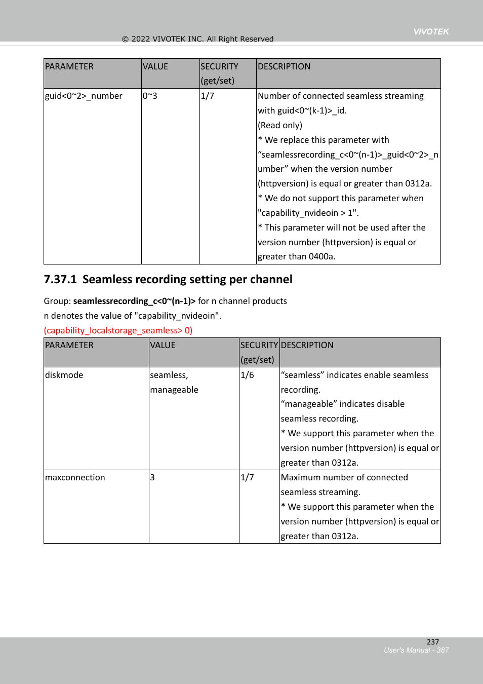 1 seamless recording setting per channel | Vivotek SD9161-H-v2 2MP PTZ Network Dome Camera User Manual | Page 387 / 473