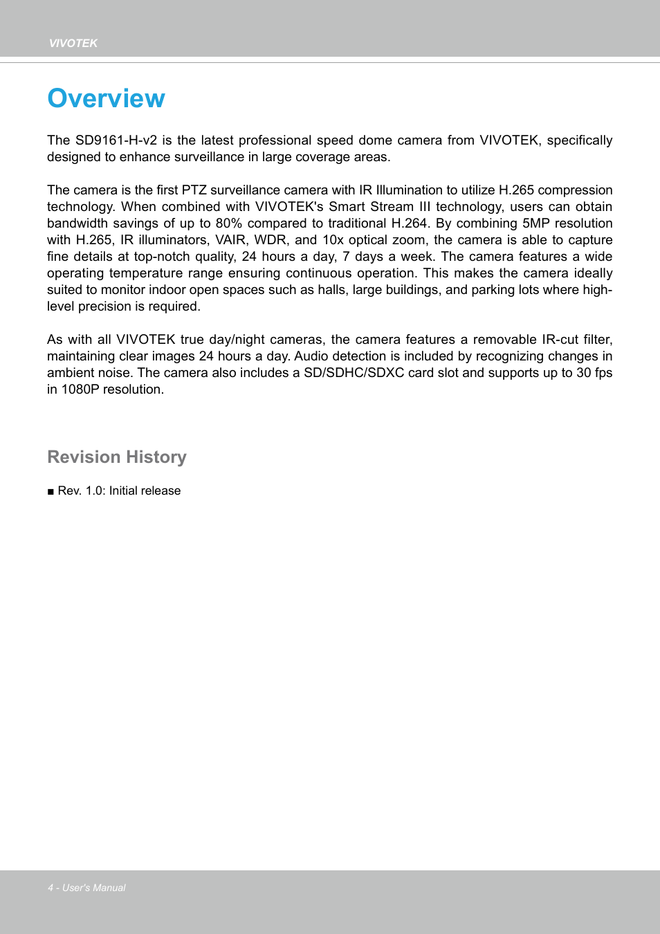 Overview, Revision history, Overview4 | Vivotek SD9161-H-v2 2MP PTZ Network Dome Camera User Manual | Page 4 / 473