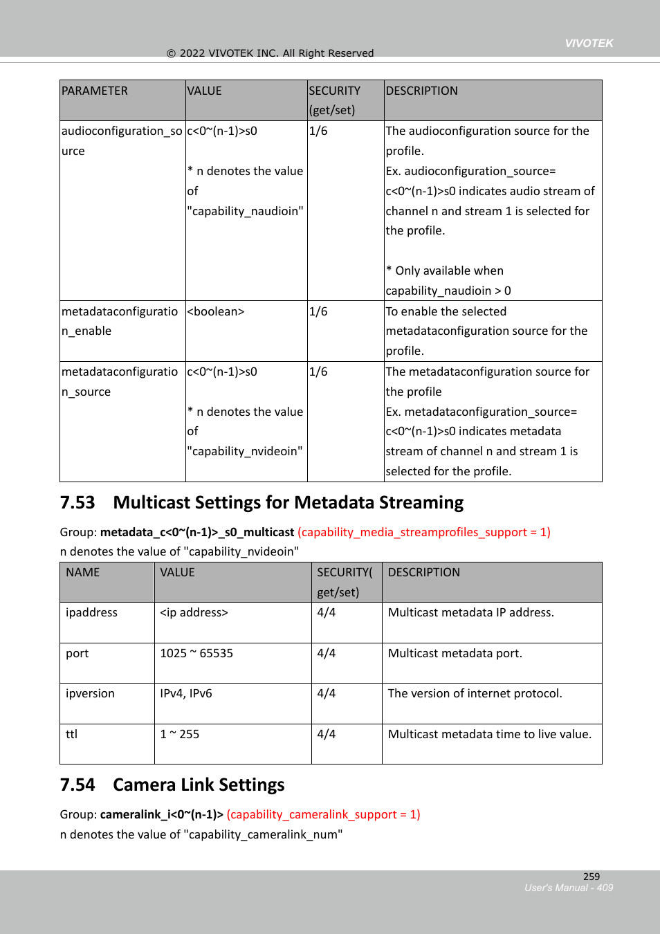 53 multicast settings for metadata streaming, 54 camera link settings | Vivotek SD9161-H-v2 2MP PTZ Network Dome Camera User Manual | Page 409 / 473