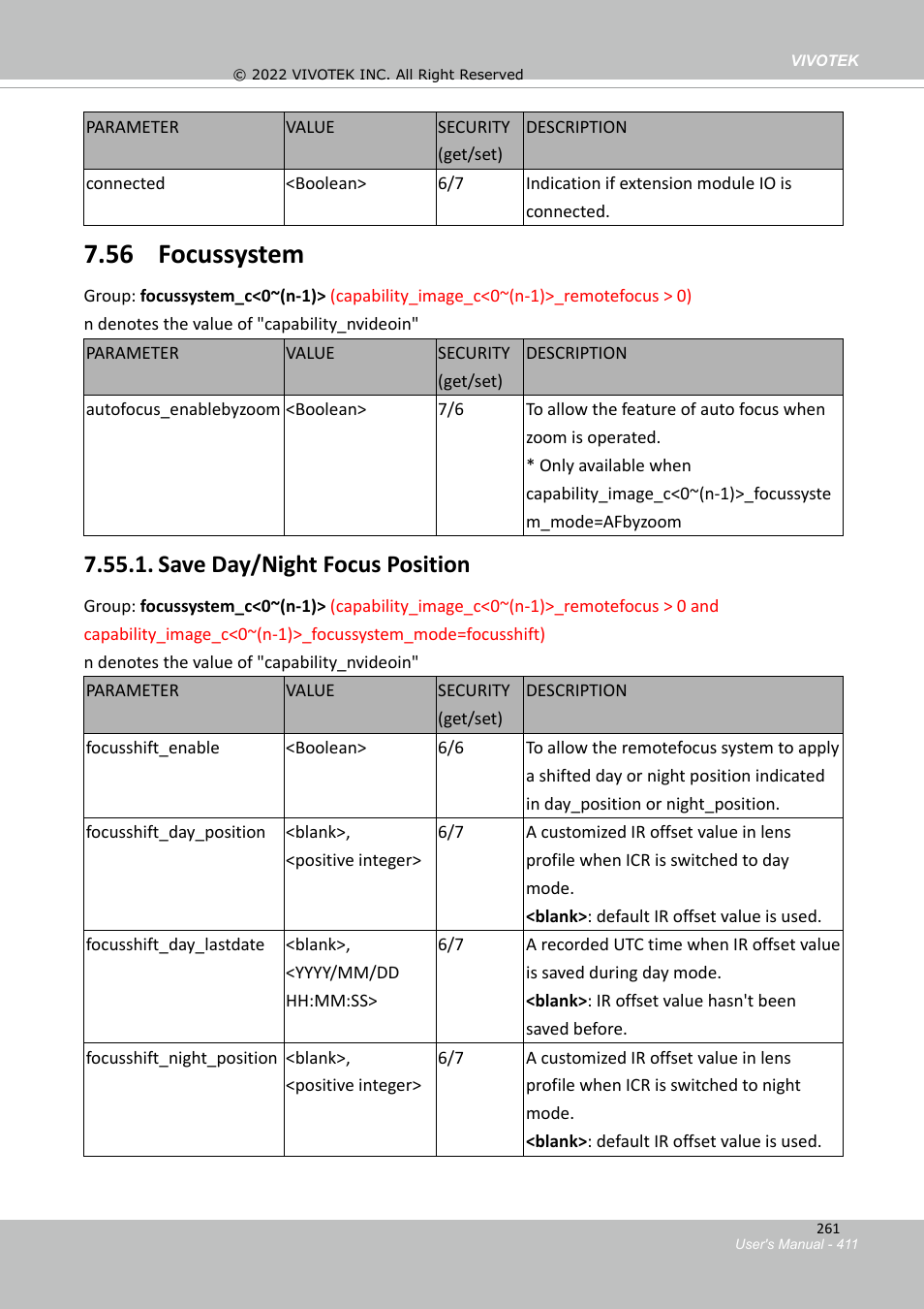 55 extension module io, 56 focussystem, Save day/night focus position | Vivotek SD9161-H-v2 2MP PTZ Network Dome Camera User Manual | Page 411 / 473