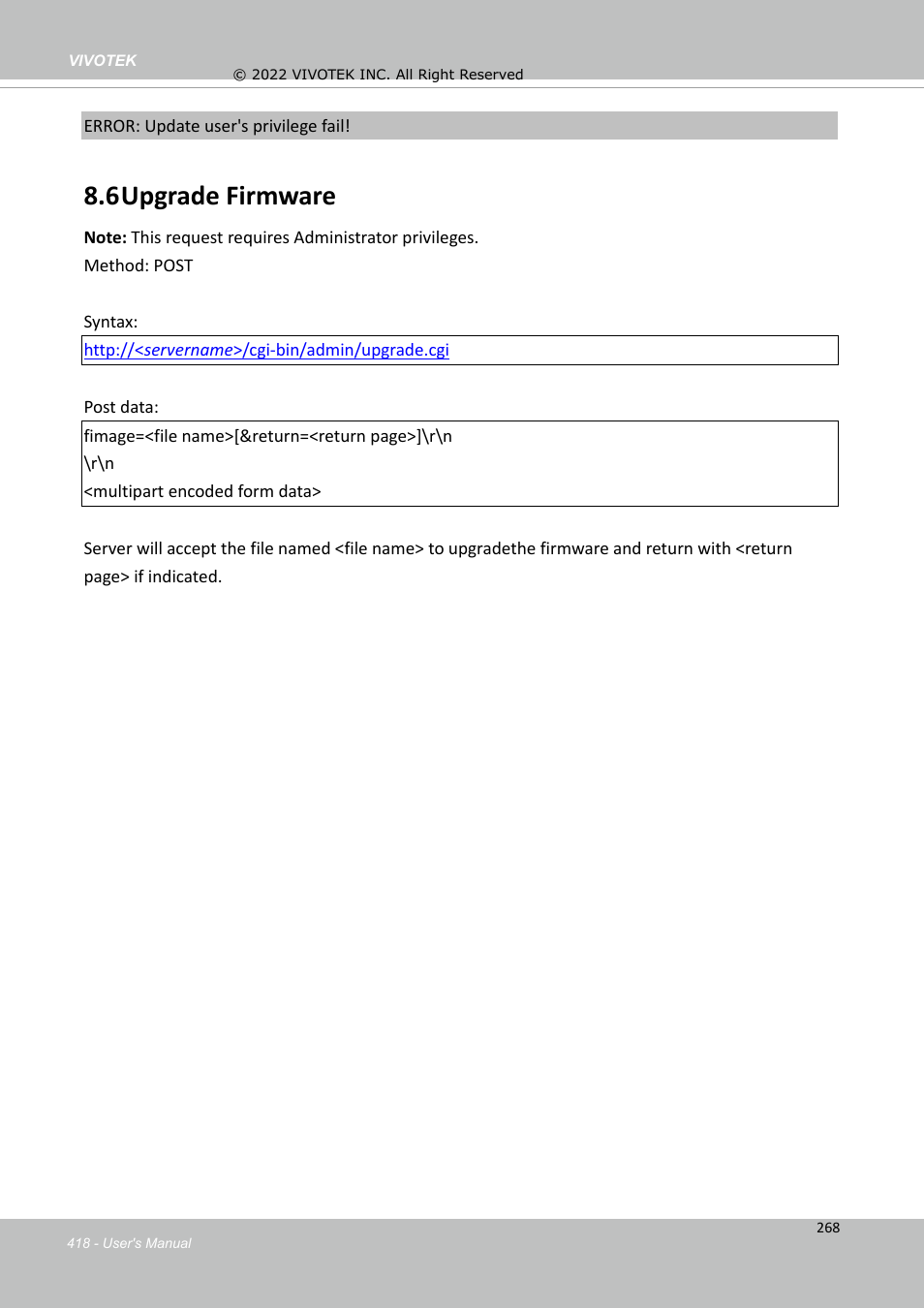 6 upgrade firmware | Vivotek SD9161-H-v2 2MP PTZ Network Dome Camera User Manual | Page 418 / 473