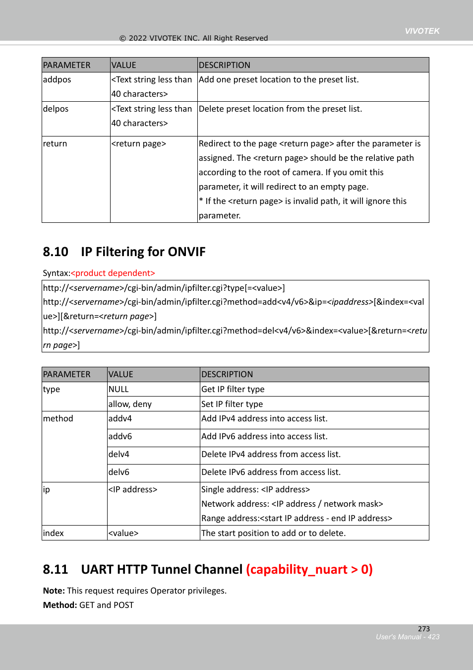 10 ip filtering for onvif | Vivotek SD9161-H-v2 2MP PTZ Network Dome Camera User Manual | Page 423 / 473