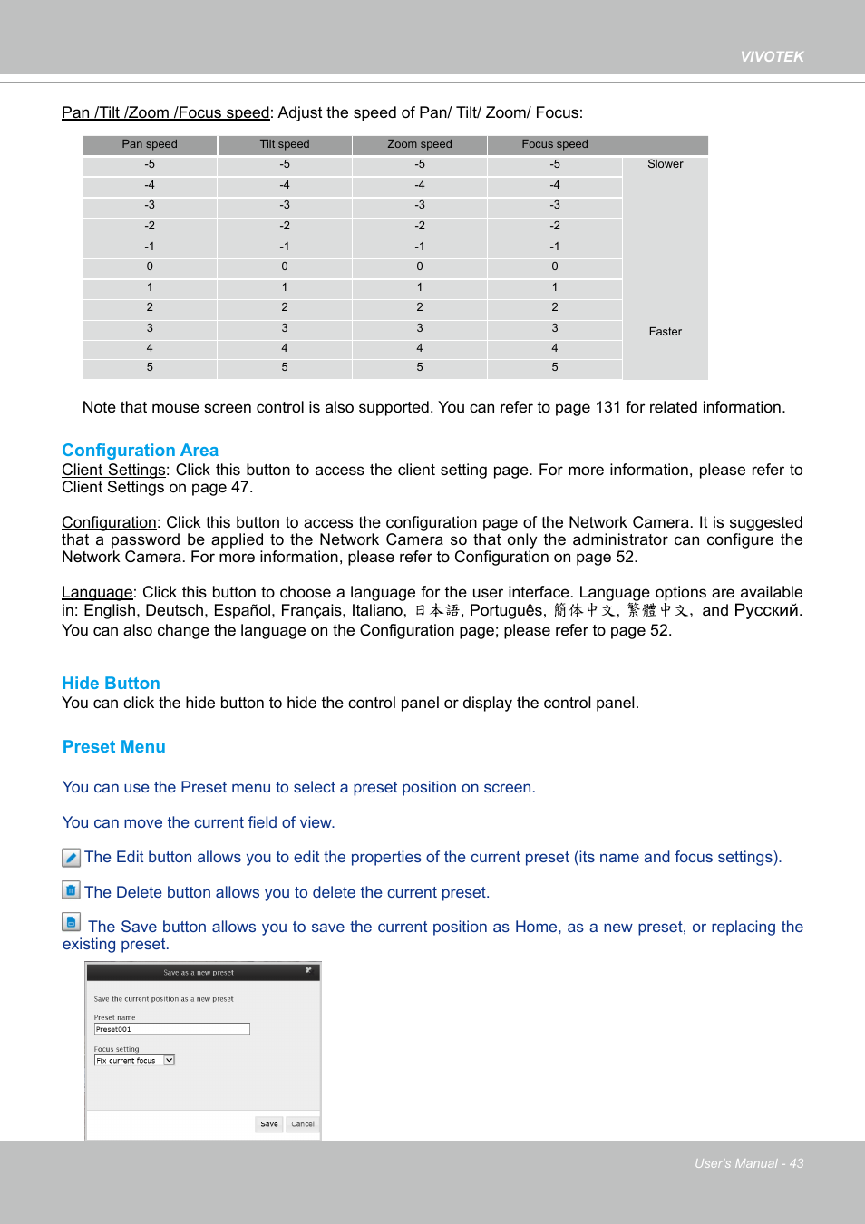 Configuration area, Hide button, Preset menu | Ρусский | Vivotek SD9161-H-v2 2MP PTZ Network Dome Camera User Manual | Page 43 / 473