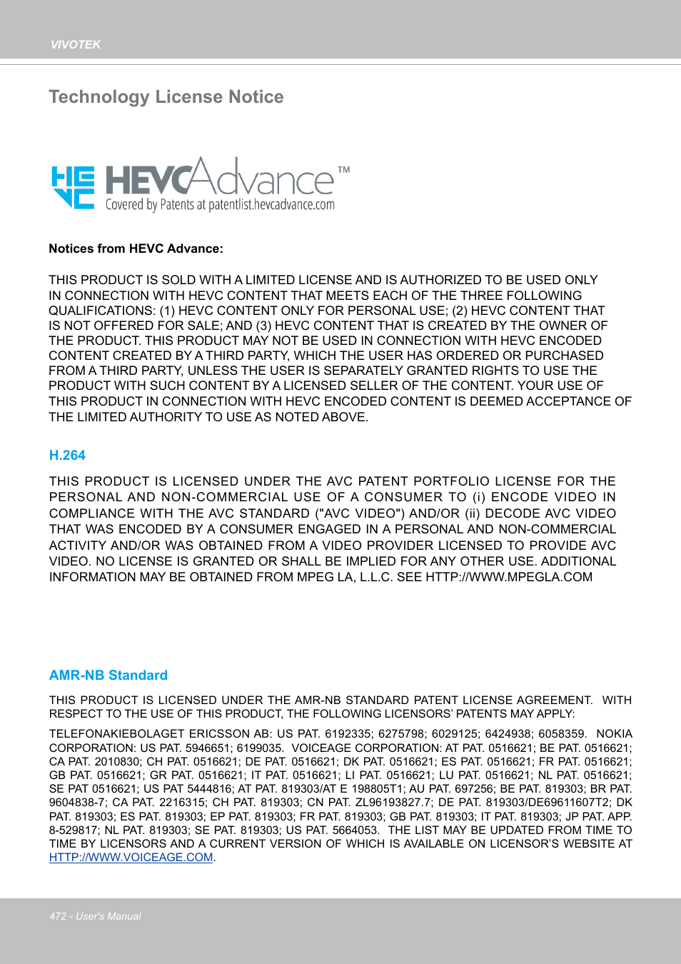 Technology license notice | Vivotek SD9161-H-v2 2MP PTZ Network Dome Camera User Manual | Page 472 / 473