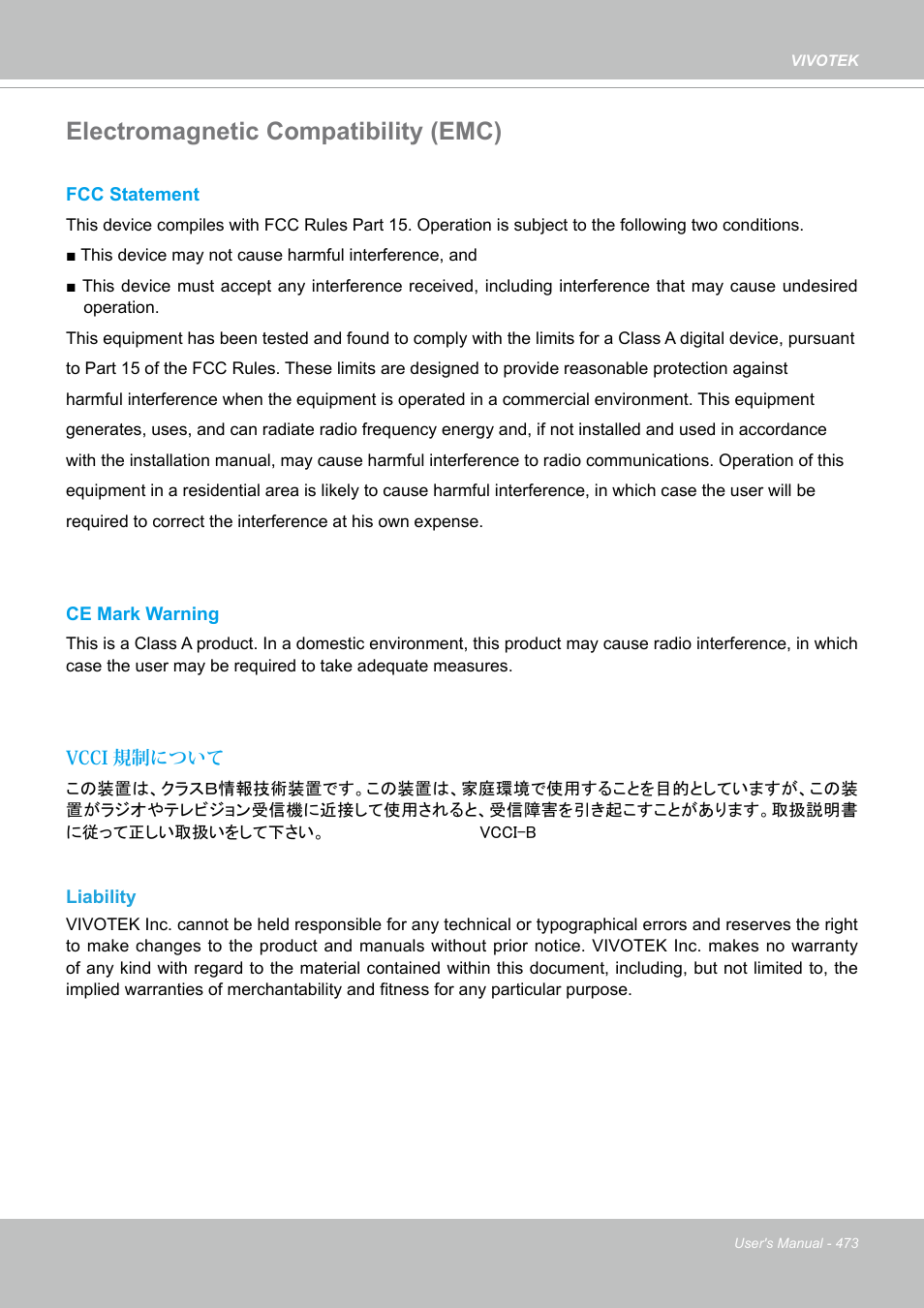 Electromagnetic compatibility (emc) | Vivotek SD9161-H-v2 2MP PTZ Network Dome Camera User Manual | Page 473 / 473