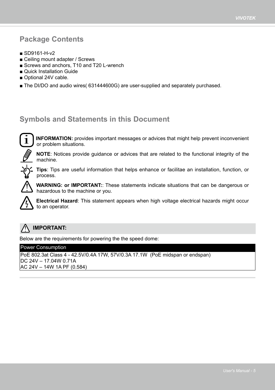 Package contents, Symbols and statements in this document | Vivotek SD9161-H-v2 2MP PTZ Network Dome Camera User Manual | Page 5 / 473