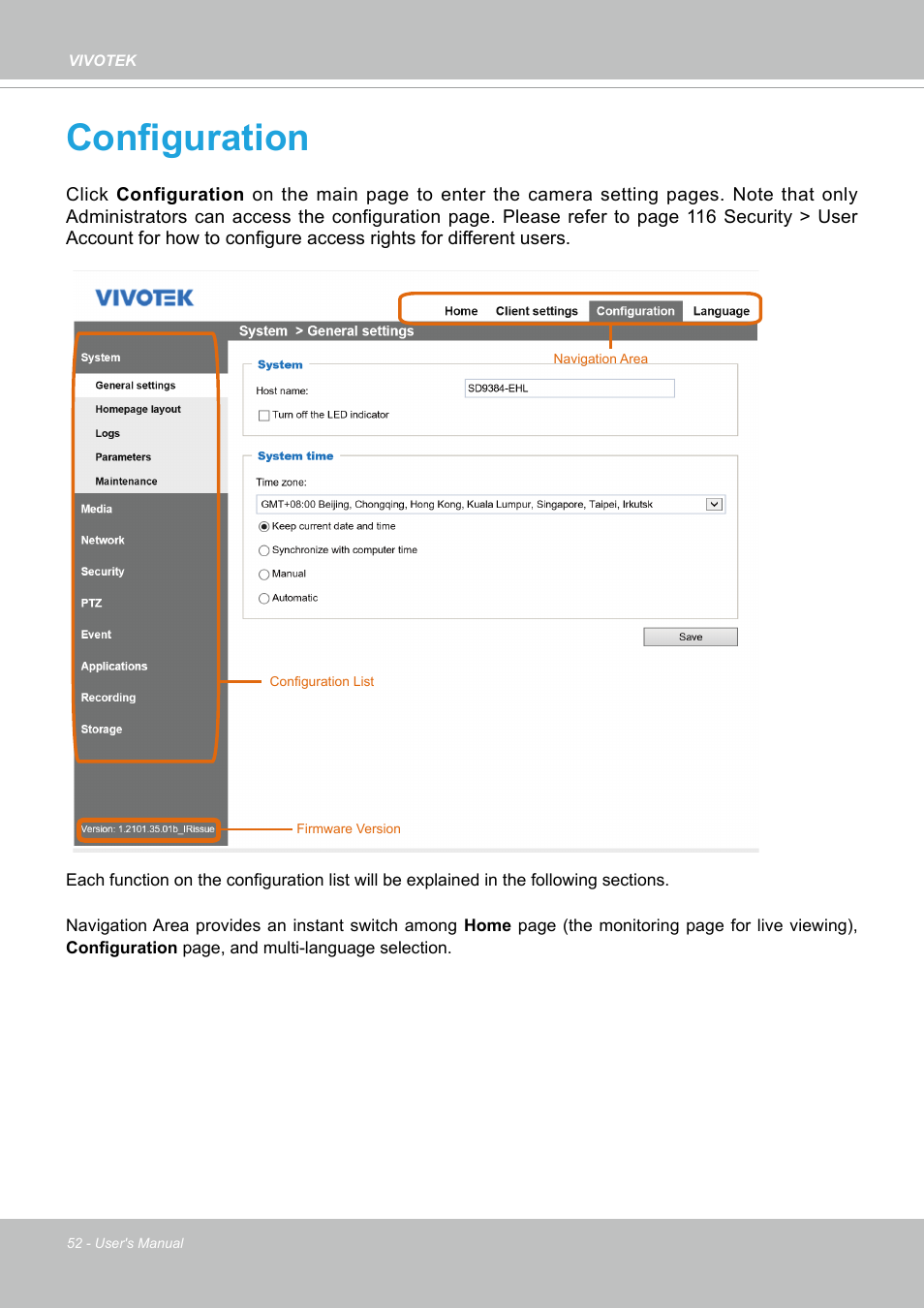 Configuration | Vivotek SD9161-H-v2 2MP PTZ Network Dome Camera User Manual | Page 52 / 473