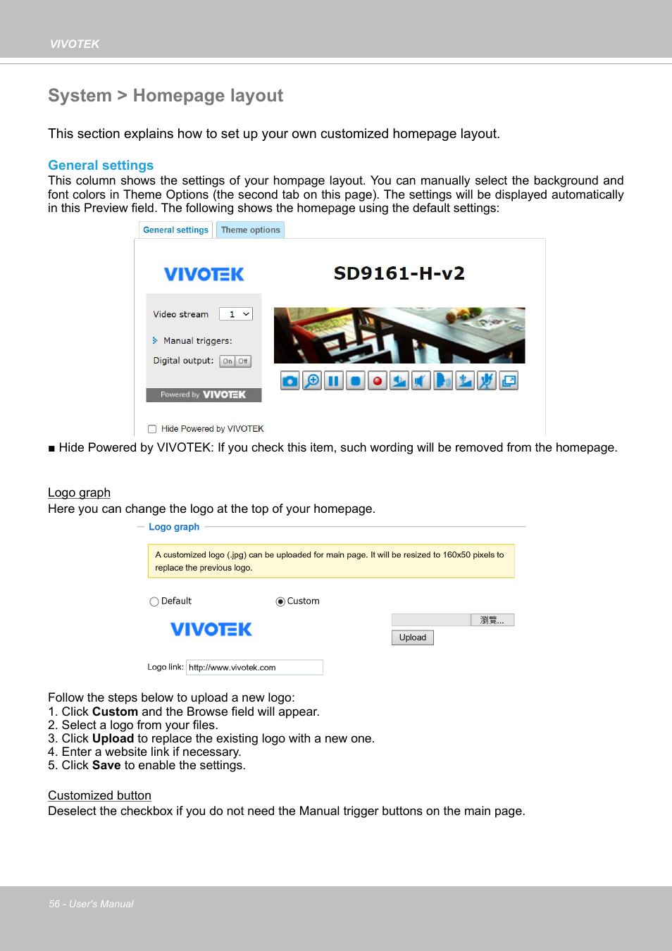 System > homepage layout | Vivotek SD9161-H-v2 2MP PTZ Network Dome Camera User Manual | Page 56 / 473