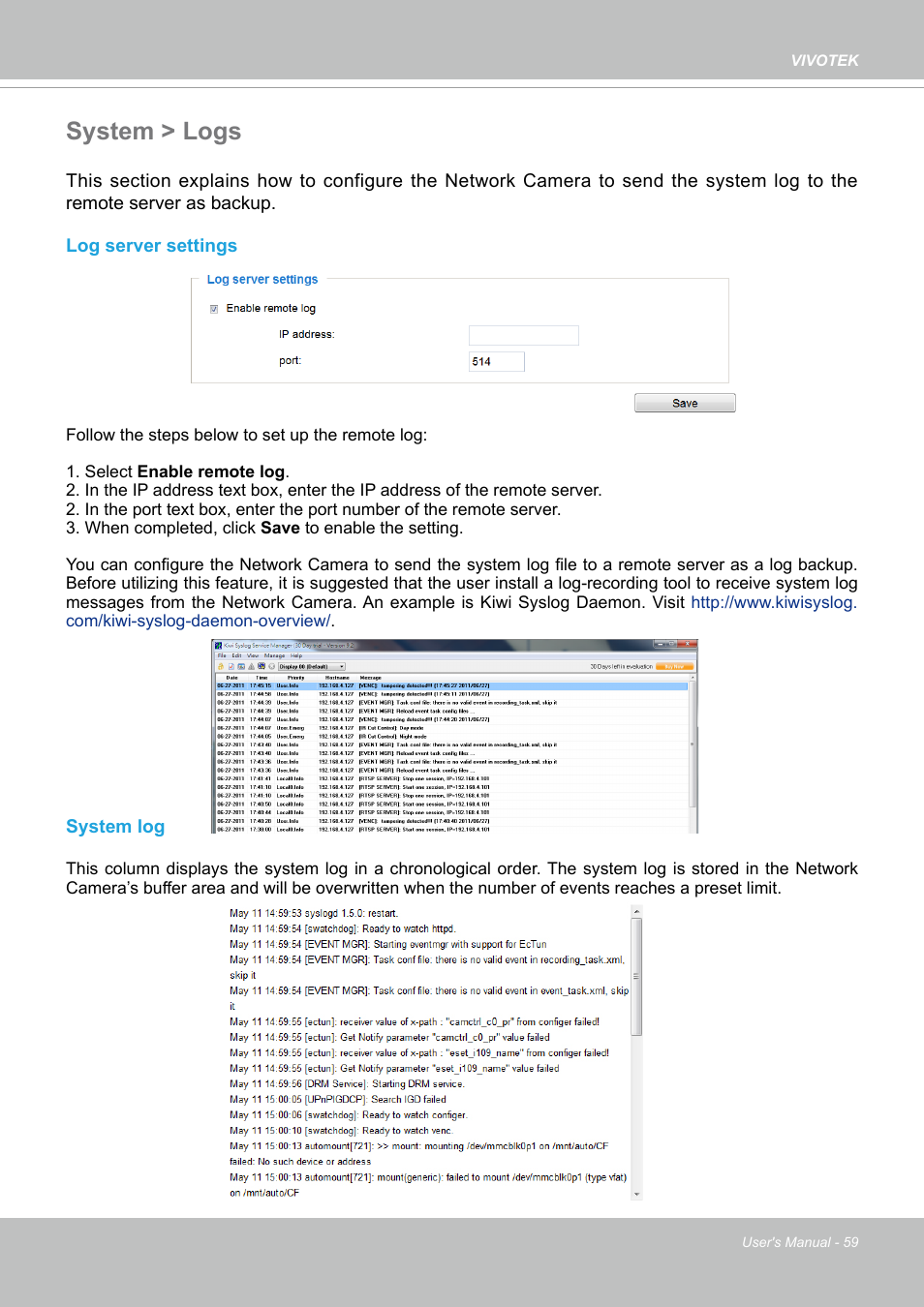 System > logs | Vivotek SD9161-H-v2 2MP PTZ Network Dome Camera User Manual | Page 59 / 473