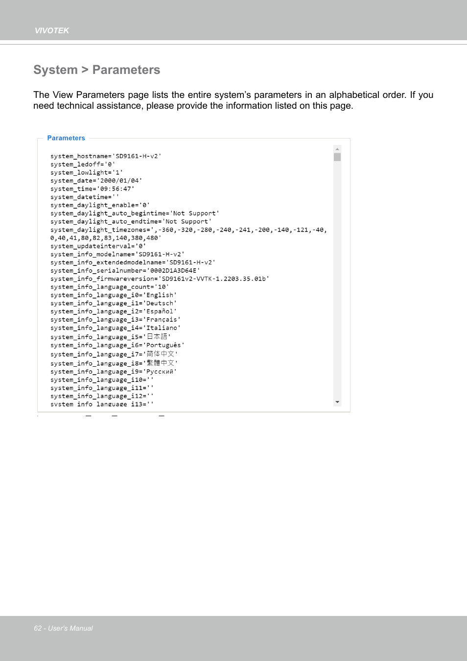 System > parameters | Vivotek SD9161-H-v2 2MP PTZ Network Dome Camera User Manual | Page 62 / 473