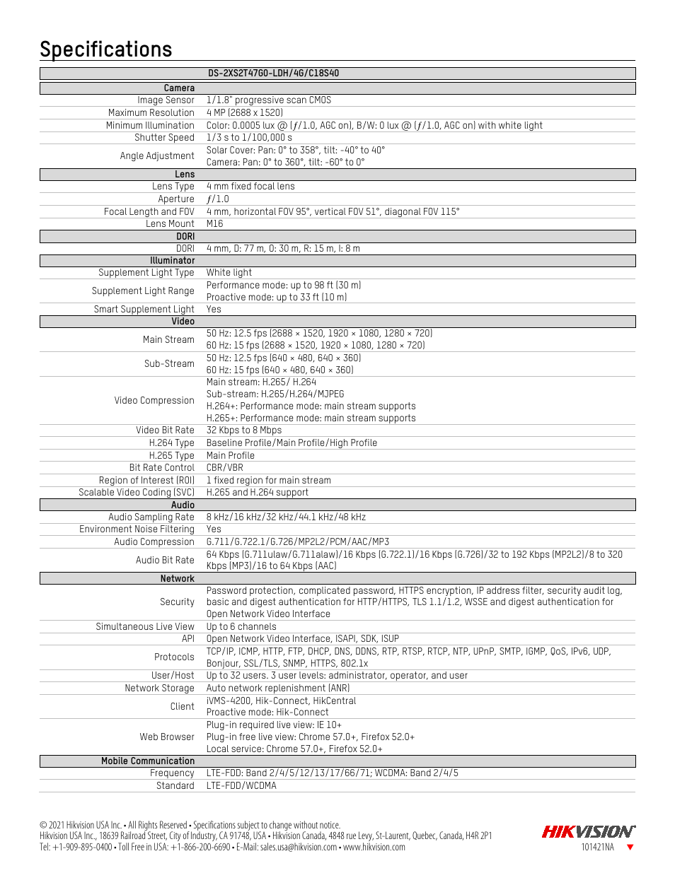 Specifications | Hikvision ColorVu 8MP Outdoor Solar-Powered Bullet Camera Kit with 4mm Lens User Manual | Page 2 / 4