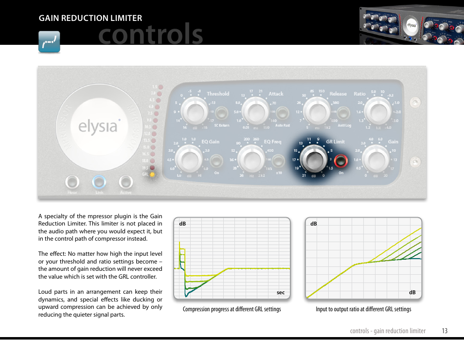 Gain reduction limiter, Controls | elysia mpressor Dual-Channel Creative Compressor User Manual | Page 13 / 29