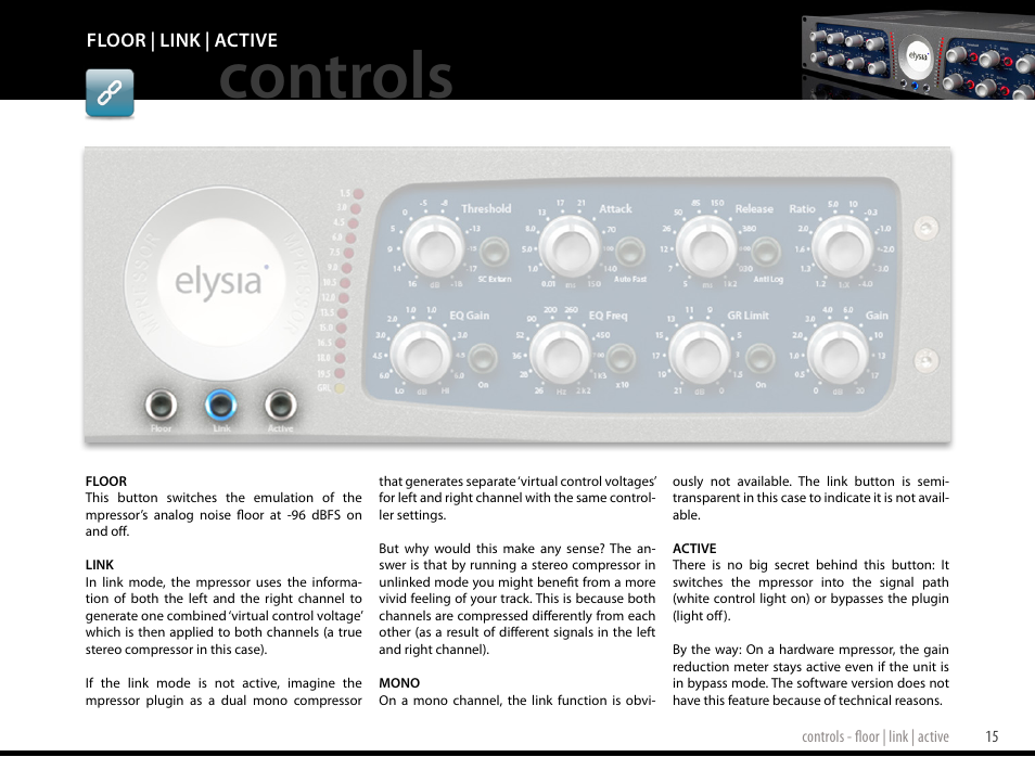 Floor | link | active, Controls | elysia mpressor Dual-Channel Creative Compressor User Manual | Page 15 / 29