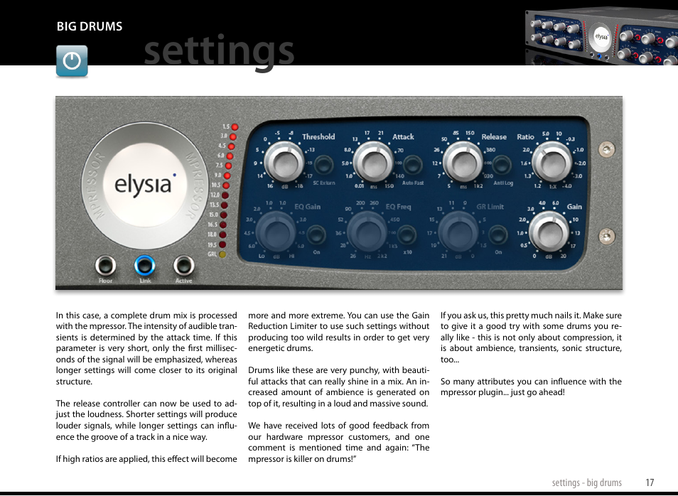 Big drums, Settings | elysia mpressor Dual-Channel Creative Compressor User Manual | Page 17 / 29